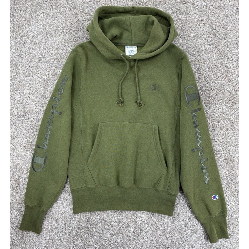 Champion Reverse Weave Hoodie Mens XS Olive Green Arm Logos Heavyweight Pullover